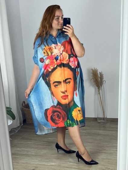 Šaty dlouhé košilové 3/4 dlouhý rukáv dámské nadrozměr (56/58 ONE SIZE) ITALSKÁ MÓDA IMWGS24535-A/DR (Velikost 56/58, Barva modrá)