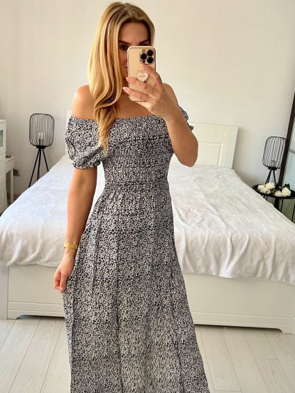 Šaty carmen žabičkované letní krátký rukáv dámské (M/L, XL/2XL ONE SIZE)  IMB24B212/DUR (Velikost M/L, Barva bílá)
