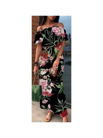 Šaty dlouhé letní šifonové carmen dámské (S/M ONE SIZE) ITALSKÁ MÓDA IMWB22010/DU (Velikost S/M/L, Barva Černá)