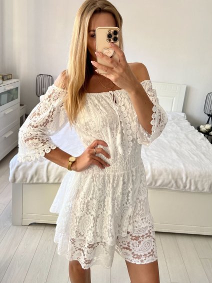 Overal krátký krajkový boho 3/4 dlouhý rukáv dámský (S/M/L ONE SIZE) ITALSKÁ MÓDA IMWGS24127/DU (Velikost S/M/L, Barva bílá)