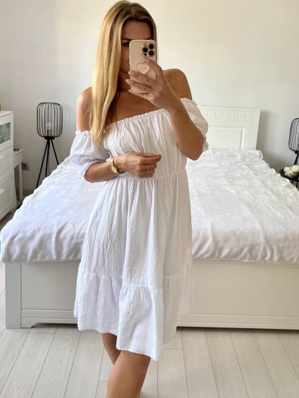 Šaty letní mušelínové carmen krátký rukáv dámské (S/M/L ONE SIZE) ITALSKÁ MÓDA IMWAE24542/DUR (Velikost M/L, Barva bílá)