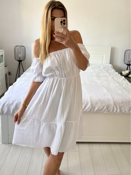 Šaty letní mušelínové carmen krátký rukáv dámské (S/M/L ONE SIZE) ITALSKÁ MÓDA IMWAE24542/DUR (Velikost M/L, Barva bílá)
