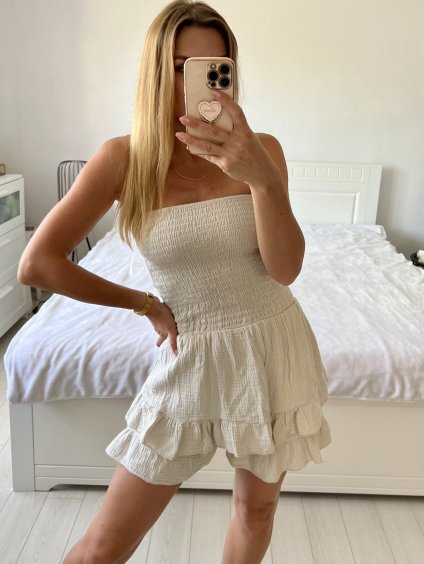 Šaty letní carmen mušelín dámské (S/M ONE SIZE) ITALSKÁ MÓDA IMWGS24068/DU (Velikost S/M/L, Barva béžová)
