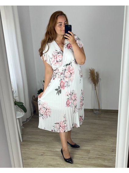 Šaty letní šifonové krátký rukáv dámské nadrozměr (50/52 ONE SIZE) ITALSKÁ MÓDA IMWGM24451-1/DUR (Velikost 50/52, Barva bílá)