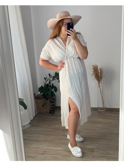 Šaty dlouhé viskoza krátký rukáv dámské (46/48/50 ONE SIZE) ITALSKÁ MÓDA IMWBH24056V/DR (Velikost 46/48, Barva béžová)