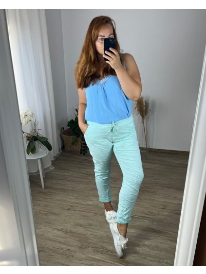 Kalhoty strečové dlouhé dámské nadrozměr (50/52 ONE SIZE) ITALSKÁ MÓDA IMPSH23B0002A/DR (Velikost 50/52, Barva zelená mintova)