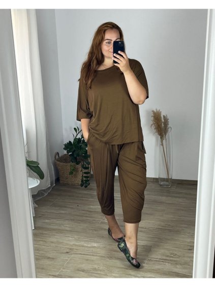 Souprava letní tunika a kalhoty dámská nadrozměr (52/54 ONE SIZE) ITALSKÁ MÓDA IMWEC24BELA/DR (Velikost 52/54, Barva hnědá)