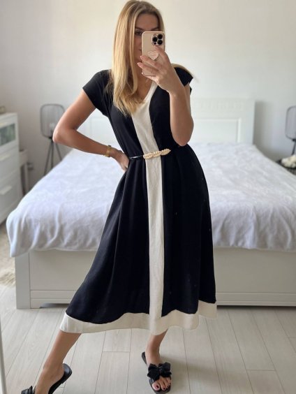 Šaty dlouhé elegantní krátký rukáv dámské (S/M/L ONE SIZE) ITALSKÁ MÓDA IMPES24001/DUR (Velikost M/L, Barva Černá)