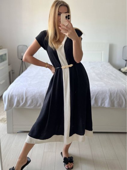 Šaty dlouhé elegantní krátký rukáv dámské (S/M/L ONE SIZE) ITALSKÁ MÓDA IMPES24001/DUR (Velikost M/L, Barva Černá)
