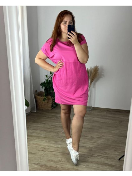 Šaty volnočasové krátký rukáv dámské nadrozměr (54/56 ONE SIZE) ITALSKá MóDA IM424STEISY/DR (Velikost 54/56, Barva tmavě růžová)