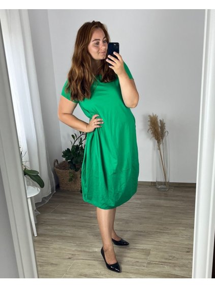 Šaty letní krátký rukáv dámské nadrozměr (50/52 ONE SIZE) ITALSKÁ MÓDA IM424321/DR (Velikost 50/52, Barva zelená)