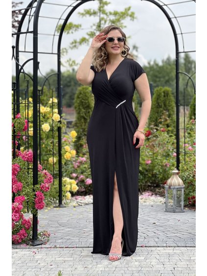Šaty dlouhé společenské krátký rukáv dámské nadrozměr (40-50 ONE SIZE) POLSKÁ MÓDA PMLEL24DIANA/DR (Velikost 40, Barva Černá)