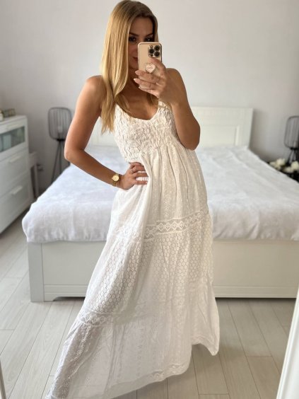 Šaty dlouhé letní krajkové na ramínka dámské (S/M ONE SIZE) ITALSKÁ MÓDA IMPEM24IND7711/DUR (Velikost S/M/L, Barva bílá)