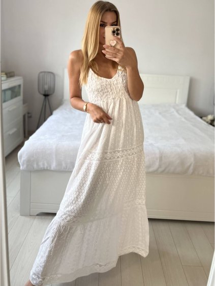 Šaty dlouhé letní krajkové na ramínka dámské (S/M ONE SIZE) ITALSKÁ MÓDA IMPEM24IND7711/DUR (Velikost S/M/L, Barva bílá)