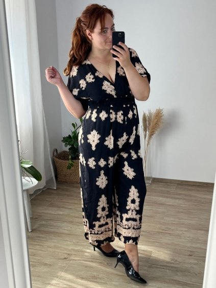 Overal dlouhý letní krátký rukáv dámský nadrozměr (48/50 ONE SIZE) ITALSKÁ MÓDA IMWEC24118/DUR (Velikost 48/50, Barva Černá)