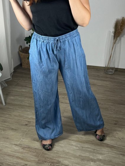 Kalhoty letní dlouhé dámské nadrozměr (48/50 ONE SIZE) ITALSKÁ MÓDA IMWEC24119/DR (Velikost 48/50, Barva světle modrá)