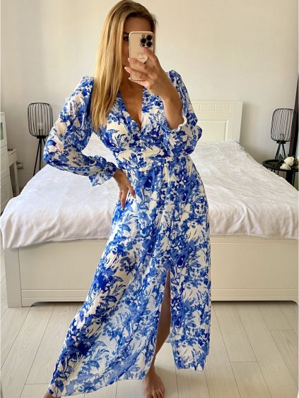 Šaty letní dlouhé dlouhý rukáv dámské JULIETTA (S/M ONE SIZE) ITALSKÁ MÓDA IMPES238990-4/DU (Velikost S/M/L, Barva modrá)