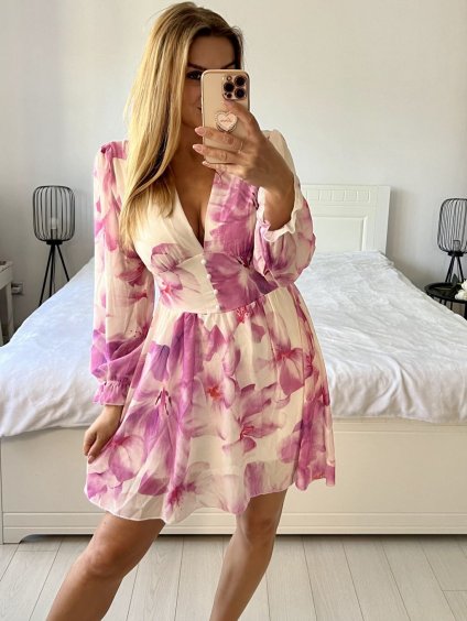 Šaty letní šifonové dlouhý rukáv dámské JULIETTE (S/M ONE SIZE) ITALSKÁ MÓDA IMPES238944-2//DU (Velikost S/M/L, Barva růžová)