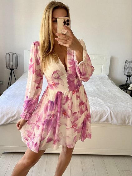 Šaty letní šifonové dlouhý rukáv dámské JULIETTE (S/M ONE SIZE) ITALSKÁ MÓDA IMPES238944-2//DU (Velikost S/M/L, Barva růžová)