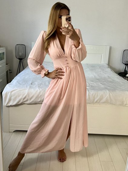 Šaty letní dlouhé šifonové dlouhý rukáv dámské JULIETTA (S/M ONE SIZE) ITALSKÁ MÓDA IMPES2389901/DUR (Velikost S/M/L, Barva růžová světlá)