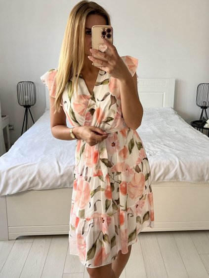 Šaty letní elegantní krátký rukáv dámské (38/40 ONE SIZE) ITALSKÁ MÓDA IMPES249581-7/DU (Velikost 38/40, Barva růžová lososová)