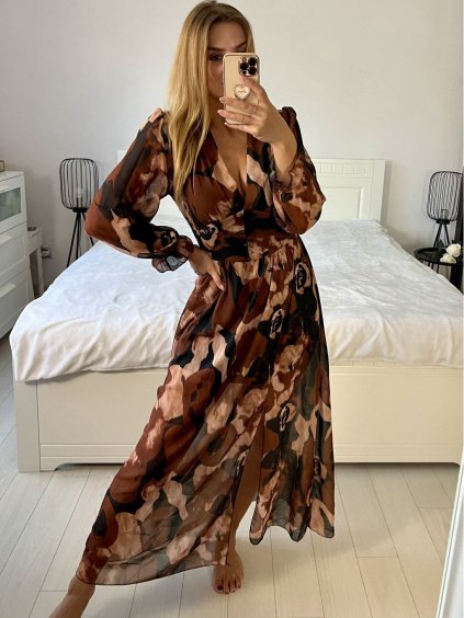 Šaty letní dlouhé šifonové dlouhý rukáv dámské JULIETTA (S/M ONE SIZE) ITALSKÁ MÓDA IMPES238990-8/DU (Velikost S/M/L, Barva hnědá)