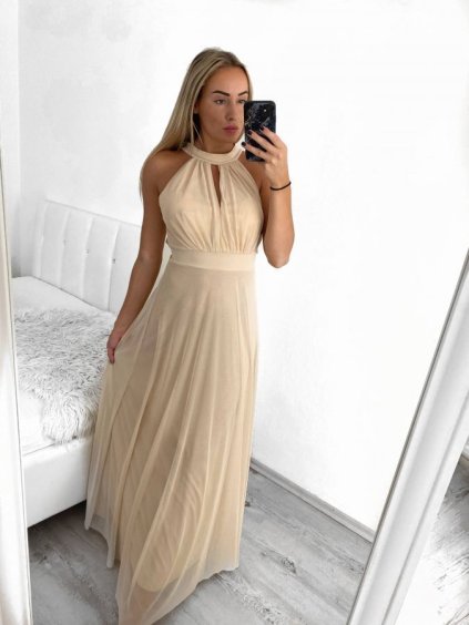 Šaty dlouhé  tylové společenské bez rukávu dámské (S/M ONE SIZE) ITALSKÁ MÓDA IMM24M156/DUR (Velikost S/M/L, Barva béžová)