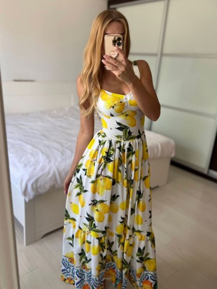 Šaty dlouhé letní na ramínka dámské citronky LIMONE (S/M ONE SIZE) ITALSKÁ MÓDA IMPBB2439784lx/DUR (Velikost S/M/L, Barva bílá)