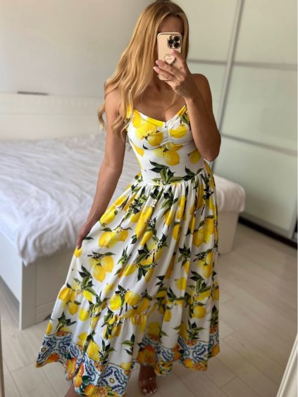 Šaty dlouhé letní na ramínka dámské citronky LIMONE (S/M ONE SIZE) ITALSKÁ MÓDA IMPBB2439784lx/DUR (Velikost S/M/L, Barva bílá)