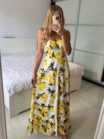 Šaty dlouhé letní na ramínka dámské citronky LIMONE  (S/M ONE SIZE) ITALSKÁ MÓDA IMPBB24B25283A/DUR (Velikost S/M/L, Barva bílá)