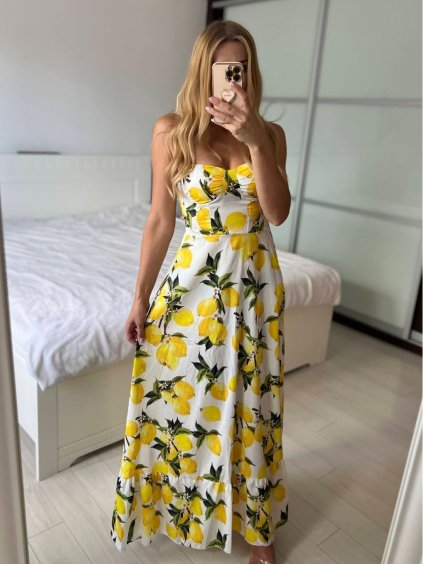 Šaty dlouhé letní na ramínka dámské citronky LIMONE  (S/M ONE SIZE) ITALSKÁ MÓDA IMPBB24B25283A/DUR (Velikost S/M/L, Barva bílá)