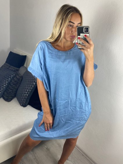 Šaty klasik riflové krátký rukáv dámské (L/2XL ONE SIZE) ITALSKá MóDA IM721022/DR (Velikost XL/2XL, Barva světle modrá)