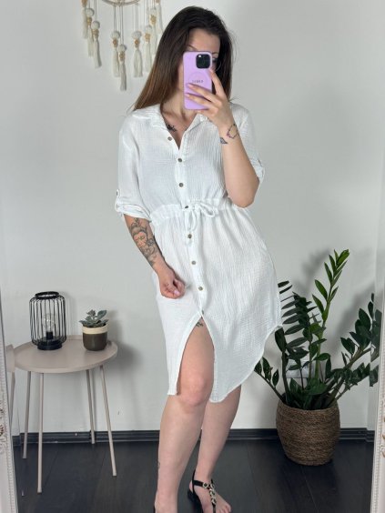 Šaty letní mušelín krátký rukáv nadrozměr dámské (M/L/XLONE SIZE) ITALSKÁ MÓDA IM423STYLE/DUR (Velikost M/L/XL, Barva bílá)