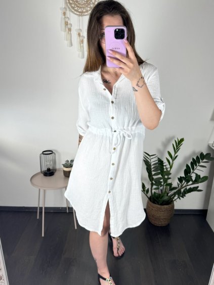 Šaty letní mušelín krátký rukáv nadrozměr dámské (L/XLONE SIZE) ITALSKÁ MÓDA IM423STYLE/DUR (Velikost L/XL, Barva bílá)