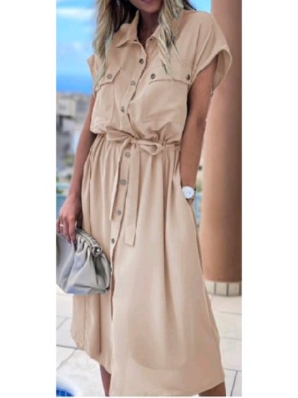 Šaty košilové krátký rukáv dámské (M/L ONE SIZE) ITALSKÁ MÓDA IMWB23816/DUR (Velikost M/L, Barva béžová)