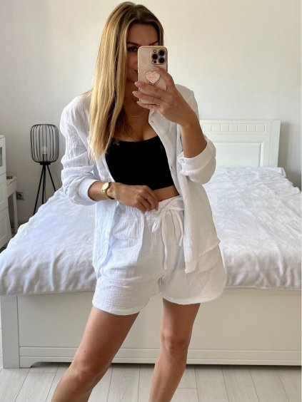 Souprava mušelínová košile dlouhý rukáv a kraťasy dámská (S/M ONE SIZE) ITALSKÁ MÓDA IMWAE24073/DUR (Velikost S/M/L, Barva bílá)
