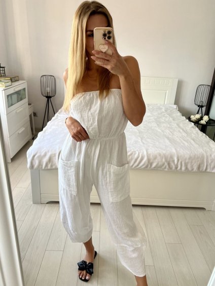 Overal dlouhý carmen mušelín dámský (S/M/L ONE SIZE) ITALSKÁ MÓDA IMWGS24538/DU (Velikost M/L, Barva bílá)