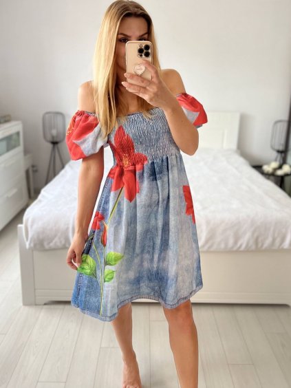 Šaty krátké letní krátký rukáv dámské (S/M/L ONE SIZE) ITALSKÁ MÓDA IMM24M12630/DUR (Velikost M/L, Barva modrá)