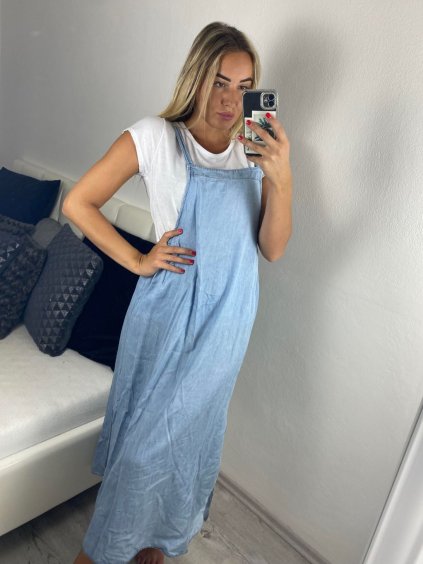 Šaty letní dlouhé na ramínka s tričkem dámské (S/M ONE SIZE) ITALSKÁ MÓDA IMSM24RIMINA/DUR (Velikost S/M/L, Barva světle modrá)