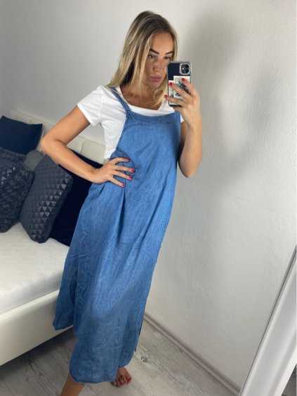 Šaty letní dlouhé na ramínka s tričkem dámské (S/M ONE SIZE) ITALSKÁ MÓDA IMSM24RIMINA/DUR (Velikost S/M/L, Barva světle modrá)