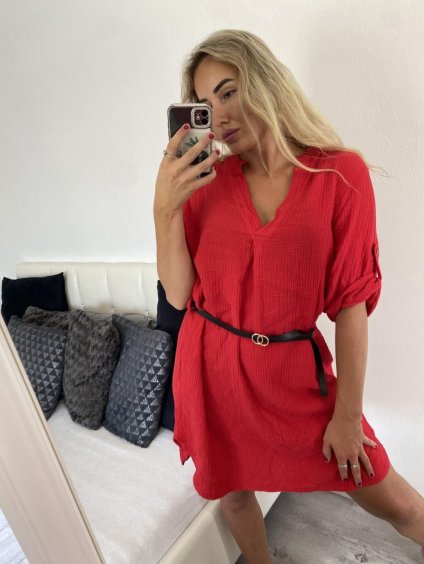 Šaty mušelínové s páskem 3/4 dlouhý rukáv dámské (S/M/L ONE SIZE) ITALSKÁ MÓDA IM424GINA/DU (Velikost M/L, Barva červená)