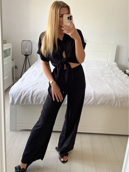 Souprava kalhoty dlouhé a tunika košilová krátký rukáv dámská (S/M ONE SIZE) ITALSKÁ MÓDA IMPSH2410986/DUR (Velikost S/M/L, Barva Černá)
