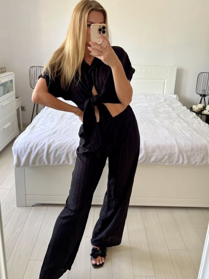 Souprava kalhoty dlouhé a tunika košilová krátký rukáv dámská (S/M ONE SIZE) ITALSKÁ MÓDA IMPSH2410986/DUR (Velikost S/M/L, Barva Černá)