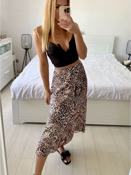 Sukně středně dlouhá saténová dámská (S/M ONE SIZE) ITALSKÁ MÓDA IMM24M6886B/DUR (Velikost S/M/L, Barva hnědá leopard)