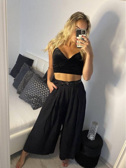 Kalhoty s páskem široké nohavice dlouhé letní dámské (S/M ONE SIZE) ITALSKá MODA IM424383/DUR (Velikost S/M/L, Barva Černá)