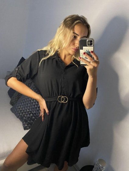 Šaty košilové 3/4 dlouhý rukáv dámské (S/M/L ONE SIZE) ITALSKÁ MÓDA IMD24081/DU (Velikost M/L, Barva Černá)