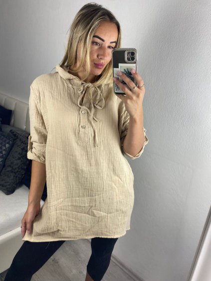 Šaty letní mušelínové dlouhý rukáv dámské (S/M/L ONE SIZE) ITALSKÁ MÓDA IMWCH24011/DUR (Velikost M/L, Barva béžová)