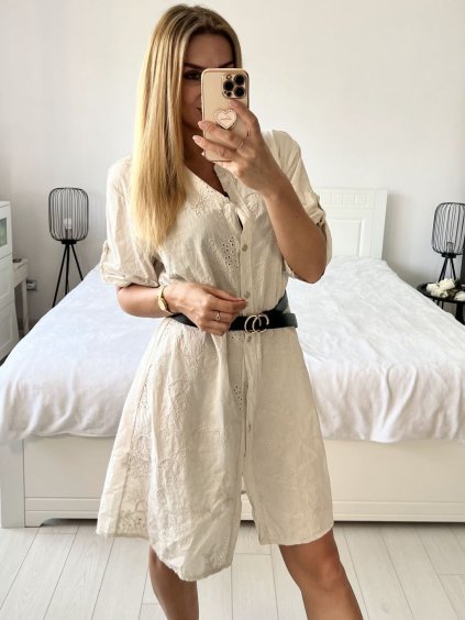 Šaty košilové bavlněné 3/4 dlouhý rukáv dámské (S/M/L ONE SIZE) ITALSKÁ MÓDA IM424PAULA/DUR (Velikost M/L, Barva béžová)