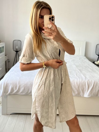 Šaty košilové bavlněné 3/4 dlouhý rukáv dámské (S/M/L ONE SIZE) ITALSKÁ MÓDA IM424NINA/DU (Velikost M/L, Barva béžová)