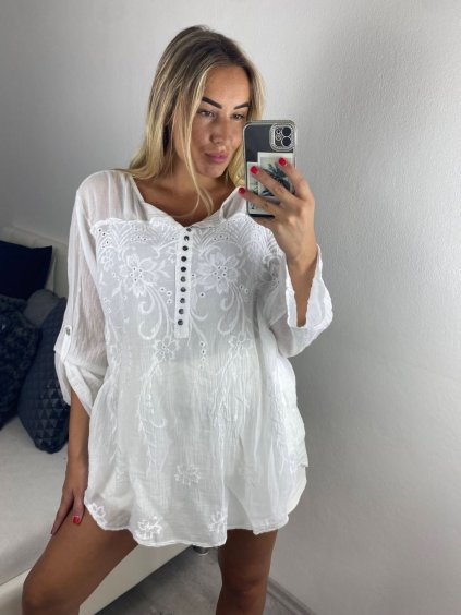 Tunika halenka krátký rukáv dámská (M/L/XLONE SIZE) ITALSKÁ MÓDA IMB23FREE/DU (Velikost L/XL, Barva bílá)